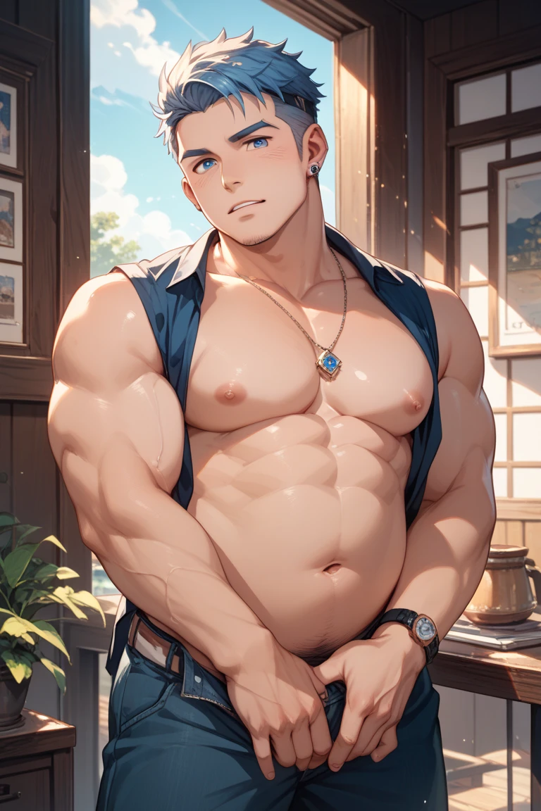 Show off your muscles with confidence, perfectly exposed eight-pack abs, ((exaggerated muscles, exaggerated shoulders, very muscular and huge)), (muscles, hairy body, muscular men, tall men, big toes, abs, big thighs, wide shoulders, open chest)), ((face and eye details), ((trim)), (square jaw)(nsfw), ((((bare chest, bare torso)))), (male tribe, (male, boy, male, male, male, male, male, male, male, male, male, male, male only male, 1 person, male), ((((18 years old)))), muscular, ((male muscle)), handsome face, ((white hair), short), very short pointy hair, Bleached grey hair, blue headband, hair under)))), ((grey eyes :1.3)), complex eyes, beautiful detailed eyes, symmetrical eyes, big eyes :1.5, (tanned skin, tanned skin, shiny skin :1.5), tanned skin, bright skin :1.5, tanned skin, shiny skin, Very shiny body)), (Exaggerated muscles, exaggerated shoulders, very muscular and huge)), (muscular, hairy body, muscular man, tall man, big toe, abs, big thighs, wide shoulders, open chest), (facial and eye details), ((slim), (square jaw)(nsfw), ((((bare chest, Bare torso)))), (barefoot,), (lift pants), (tattooed and marked :1.5), (tattooed and marked :1.5), (upper body, upper body,), wearing shorts :1.3, shorts, (torn clothes, ground clothes, complex clothes)), dynamic pose, looking at his muscles, (serious), (through the eyes), middle, proper proportions, Three Laws, (White cloth covering the whole picture), winter, landscape :1.25, (sitting in the corner of the room), (dim background), walls are beautiful wallpaper, (low room), extreme landscape, light blue yarn, modern style, dim room, (sunrise, light blue moment), (no glossy fabric decoration), high resolution, clear focus, (super detailed, light blue moment) Very detailed), (Realistic artwork :1.37), (Very detailed CG unified 8k wallpaper), (Bright colors, vibrant theme), (Complex), (Masterpiece), (best quality), Art photography, (DSLR photography), (Complex background), Perfect