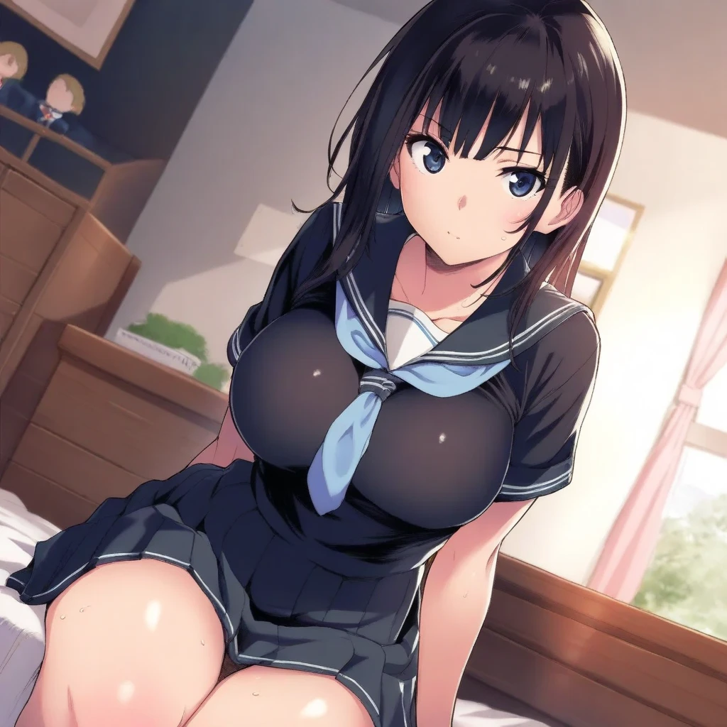 mature women, suzukawa akana, black hair, low ponytail, hair over one shoulder, side swept bangs, dark blue eyes, large , completely nude, nipples, pussy, extreme blushing, wide mouth, moaning, masterpiece, 8K, HD, perfect face, high quality, best quality, extremely detailed eyes, extremely detailed body, highly detailed, expressive eyes, high res, 1girl, solo, full body shot, front view, looking at viewer, body facing viewer, pov shot, from below, on knees on bed, open legs, legs spread, straight posture, hands between legs, bedroom