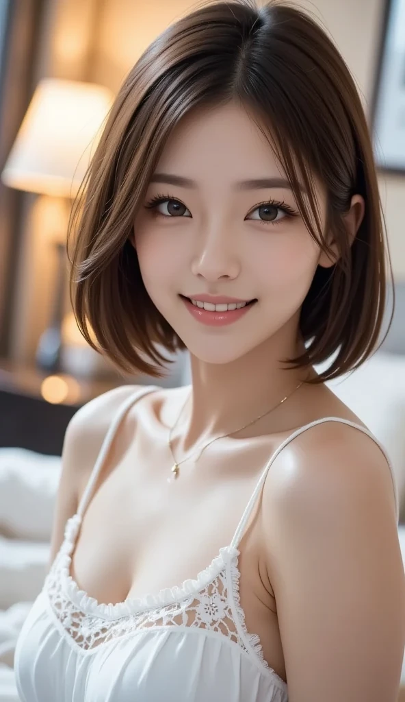 Masterpiece, High Quality, High Resolution, (Super Detail) ), (Wallpaper), ((Face) Detail),masterpiece, One woman per photo, Full Body Shot,Underarm、 Composition looking down at the subject from above, Young and beautiful woman in Japan, Smiling super cute face, short hair, She is wearing a sleeveless white silk satin chemise with white lace.,White panties、 Small breasts、skinny、Glossy Lips, Attractive person, She is lying on her back on a silk bed with her legs spread apart, Silk pillow, Silk bed sheets, Double eyelids on both eyes, Natural Makeup, Long eyelashes, Shiny and smooth light brown hair, Asymmetrical bangs, Fair skin, Center image, 8K resolution, High detail, Detailed hairstyle, Detailed face, Spectacular movie lighting, Vibrant, Ultra-realistic, Perfect limbs, Perfect Anatomy,Beautiful teeth alignment