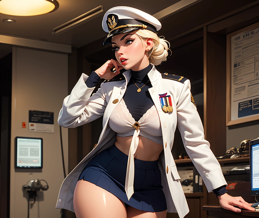 Platinum long hair blonde, huge round fake breasts, micro bikini top, long sleeves, booty shorts, thick white latex platform 50inch heels, tongue sticking out, standing, legs spread out, captain sailor hat, thick thighs, big butt, Big white metal chocker, Bimbo, big golden loop earrings, full body. Long legs, sliver plated belt, Big lips, diamond navel piercing, Bright blue eyes,  Muscular triceps.