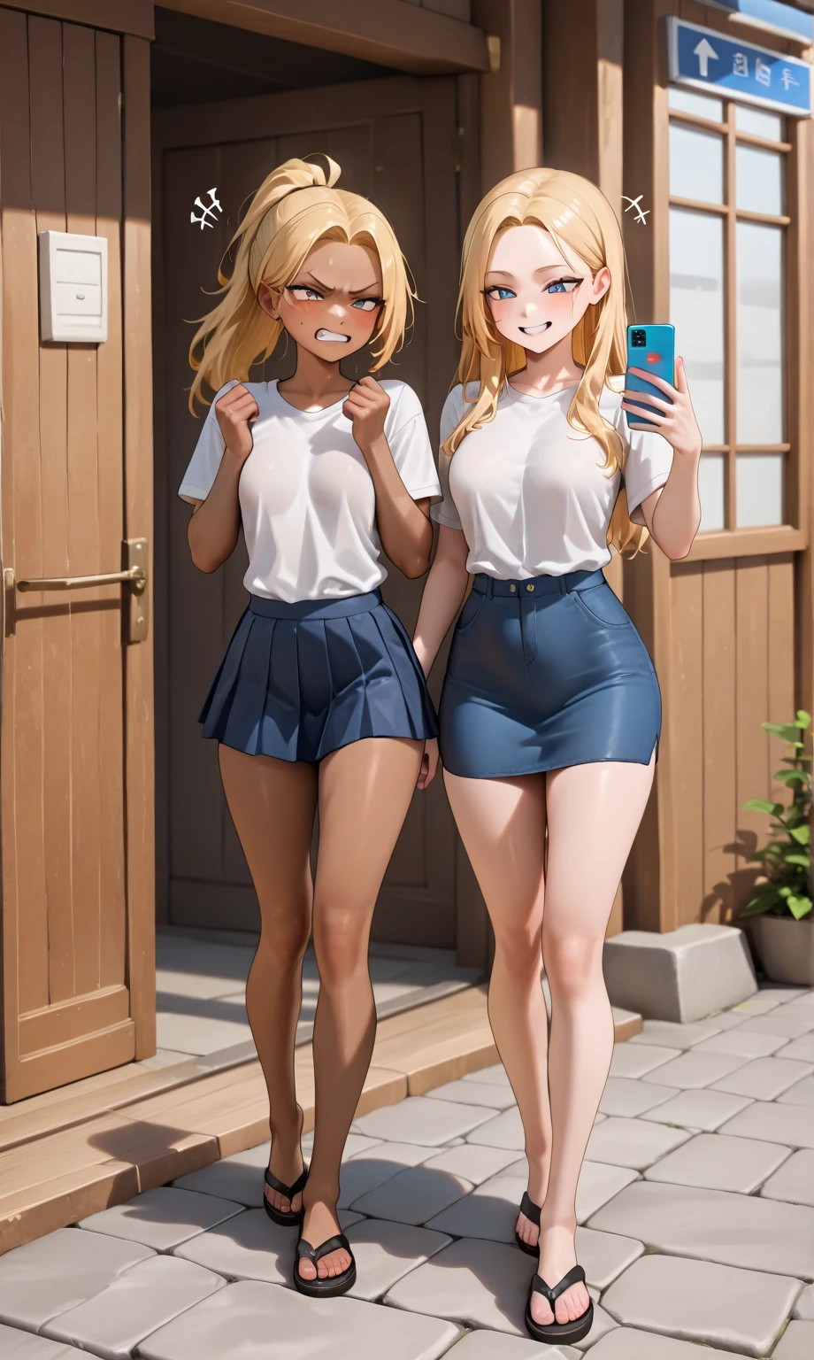 (three girls are sticking out their big butt boldly:1.5), (big butt), Laughing with your mouth open, (slender), hair band, Headband, hair bobbles, brown hair, blond hair, navel, jewelry, looking at viewer, necklace, long hair, short hair, Abdominal muscles,  (Very thin T-back),