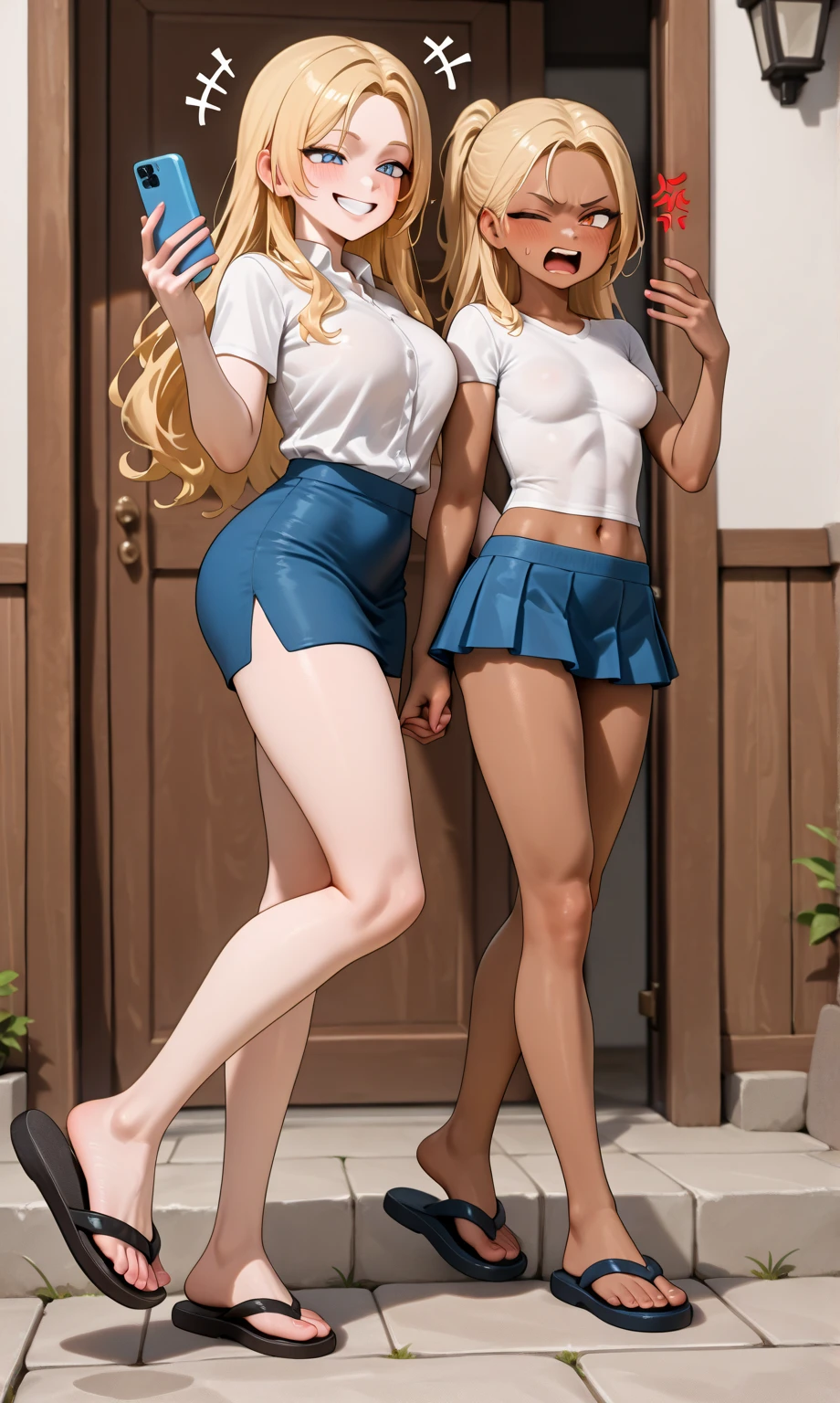 (masterpiece:1.2, Highest quality), (Realistic, photoRealistic:1.4), Beautiful illustrations, (Natural Side Lighting, Cinema Lighting), Written boundary depth, 
Looking at the audience, Front view, 3 girls, English, high school girl, 20-year-old, Perfect Face, Symmetrical cute face, Glowing Skin, Leg spread,
(Bob Hair:1.7,blonde), Asymmetrical bangs, Big eyes, Droopy eyes, long eyelashes chest), thin, 
Beautiful Hair, Beautiful Face, Beautiful and beautiful eyes, Beautiful clavicle, Beautiful body, Beautiful breasts, Beautiful thighs, Beautiful legs, Beautiful fingers, 
((Quality fabric texture, Knitted Vest, Pleated skirt, Navy bow tie)), 
(Beautiful views), Are standing, (smile, Superior, Open your mouth),  (((Skirt Lift, No pants, Genitals are visible))), Full Body Shot, Dark blue socks, Sexy Face,