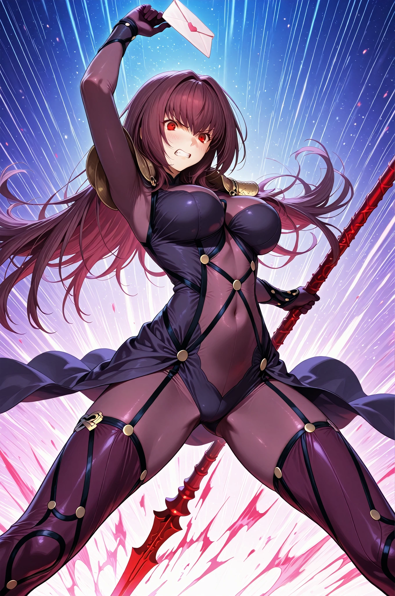 (masterpiece) superior quality, ultra-real details; Sexy witch, dark skinned, (big breasts:1.3), (big ass: 1.3), deep and seductive yellow eyes, long purplish red hair, bright purple short clothes, exquisite gold accessories, a dazzling portrait of a powerful and seductive sorceress.