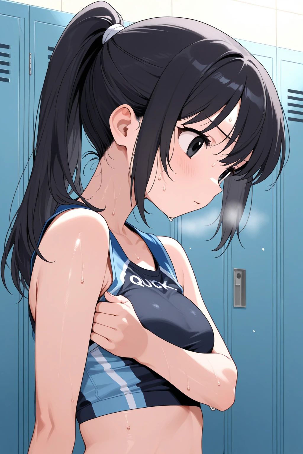 ((1girl)), locker room, There is no one around, evening, Sunset is shining through the window, nsfw, masterpiece, 8k, Girl, Small breasts, 12yo, Light, god々Shii, まぶShii, Black Hair, nipple, Embarrassed face, blush, Changing clothes, In the middle of taking off your pants, Leaning forward, Cleavage, front, Nipples visible from chest