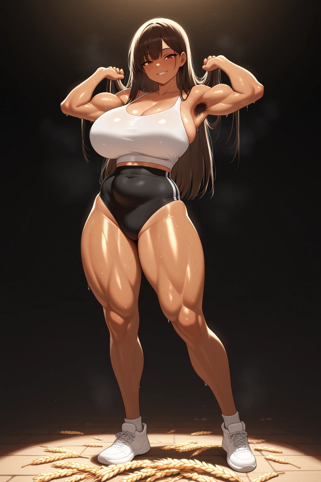 Masterpiece, best quality, high resolution, 1 woman, Karin , black skin , black hair , golden eyes , black tank top , black bikini , abdomen , big breasts, Long legs , Barefoot , Put your hands on your hips. , stand perfectly erect , alley , tall building