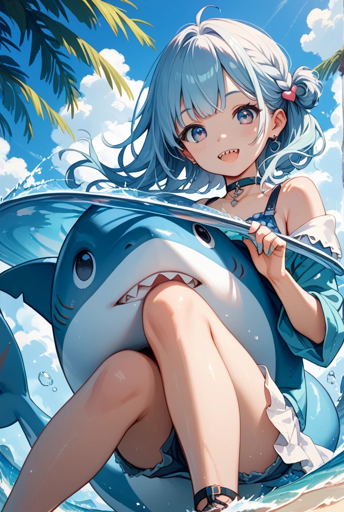 uhd, high quality, high details, 1 Girl, solo, (Shark costume:1.4), Seaside, Sandy Beach, Wave, sun, Jump, smile, Waveしぶき, Light tones, Reflection of light, summer