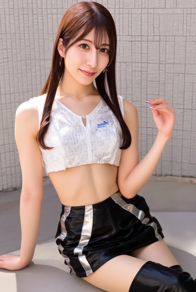 female idol、、large full breasts、beautiful foot、、Shiny Gold Tops、Good Style、、Smoky White Shorts、、sox、smoky white wavy hair