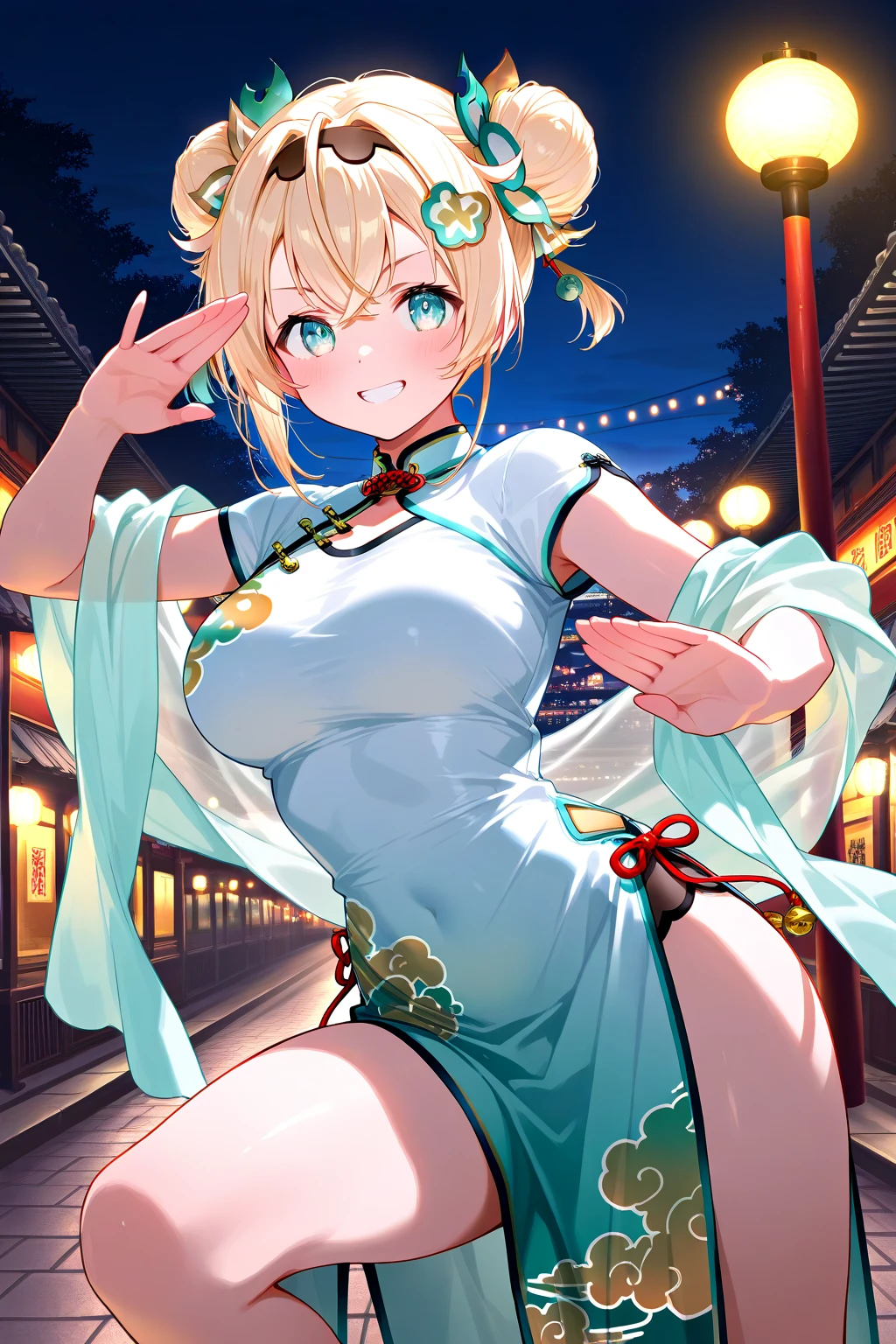 NSFW,(One girl:1.5),KazamaIroha,hair ornaments、hair band、Bleaching、Haori、belly button、Black gloves、Pleated skirt、Green skirt、White knee socks、Cleavage,(Perfect hands),(Perfect Anatomy),(masterpiece),(highest quality),Embarrassed,blush,peace sign,Japan house at night