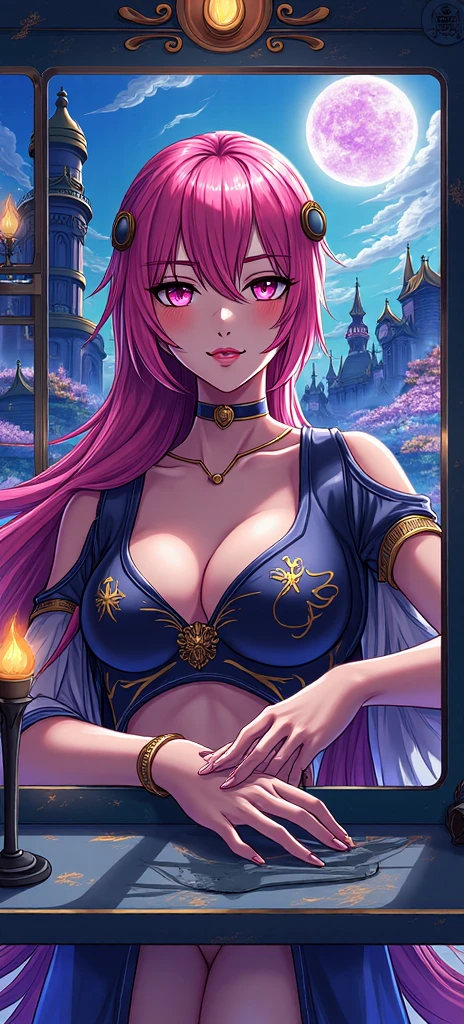 slim waist, slender torso, big pouty lips, coy smile, blushing, almond-shaped-eyes, 4k, 8k ), ((wide hips, thick thighs)), huge breasts, boob squish, sitting on silk couch, backlit, looking at viewer, low camera lens shot (masterpiece), (best quality:1.2), absurdres, intricate details, (highly detailed skin:1.2), ((luminous)) (((vivid bold color))) ((cinematic presentation)), long curly hair, blue eyes, (((SOLO))), (((CLEAVAGE))), long braided ponytail, crystal ball on table, gypsy clothes, fortune teller, gold jewelry, silk pillows, bare shoulders