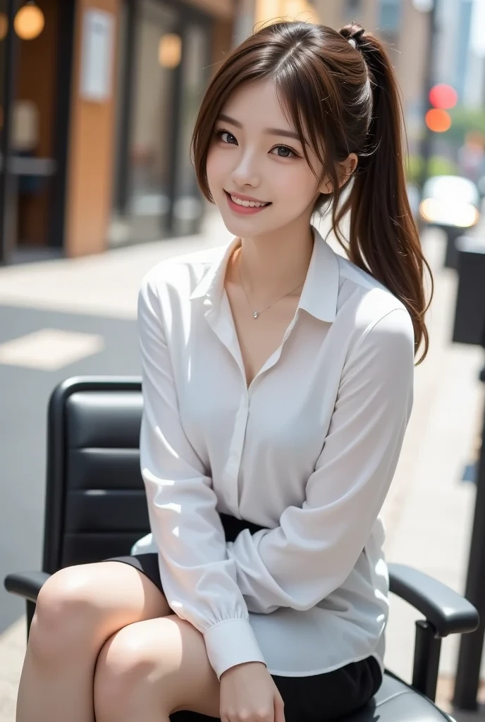 highest quality, Realistically, Very detailed, About pubic hair, High resolution, 8k wallpaper, One beautiful woman, Pink wet lips, Light brown messy hair, Wearing a suit, shirt, White Skirt, Lock focus, Perfect dynamic composition, Beautiful Eyes, Delicate Hair, Detailed Realistically skin texture, smile, Close-up portrait, Model Body Type, On the open terrace of the cafe, Blurred Background, (Full Body Shot), Take photos from a distance, Random body orientation,Sit on a chair