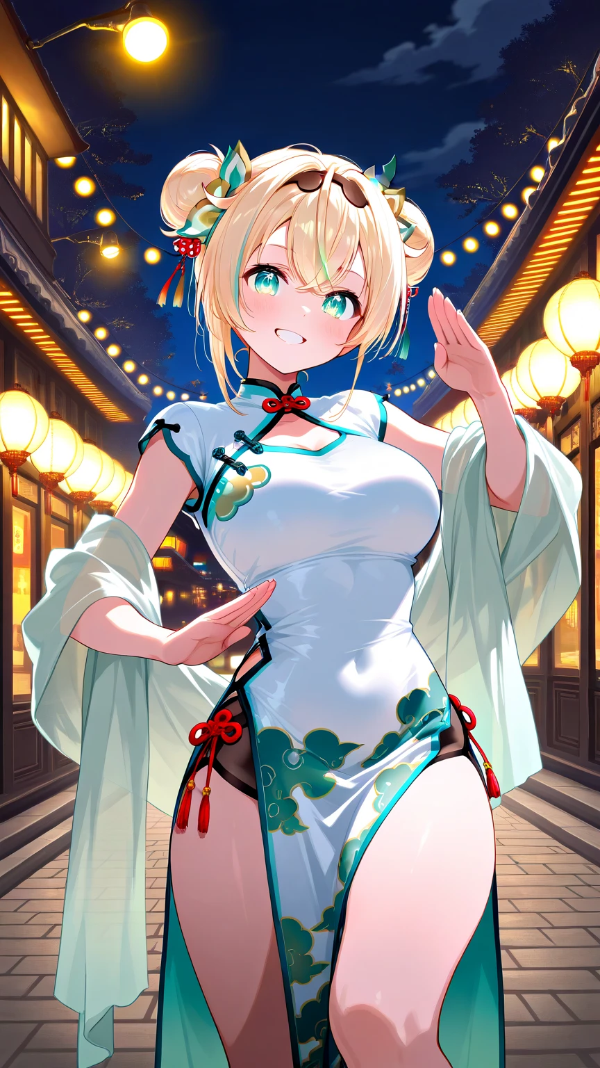 (masterpiece,highest quality,超A high resolution),Japanese women, (((Very beautiful 18 year old girl))), pretty girl、Look at the photographer､  ((Beautiful blonde bob hair)), Very cute face, Glossy Lips, Double eyelids on both eyes, blue eyes, Natural smile、 Natural Makeup, Long eyelashes, Shiny and smooth hair､Center image,  Perfect limbs, Perfect ???????,(((Shiny Chinese Dress　white panties))),Wet with sweat,Cowboy Shot, 