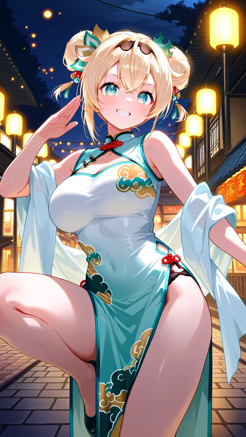Anime style, super fine illustration, highly detailed, beautiful detailed, pale tone image, static representation, gentle expression, 8k, pretty 1girl with blonde straight short hair & blue eyes & a bright smile & huge breasts & nipples & soft fair skin is wearing the yukata, yomise street is background, brilliant particles of lights, romantic stories, solo, perfect fingers, perfect arms, perfect legs, masterpiece.