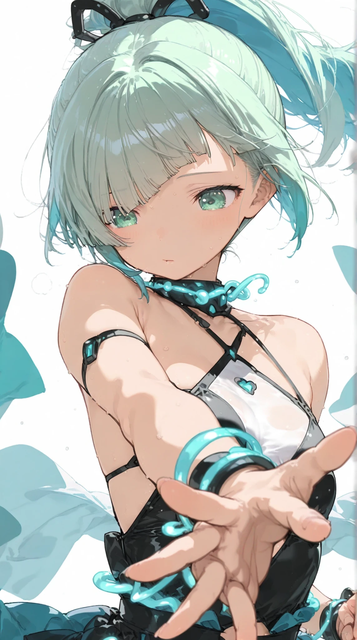 (masterpiece, best quality, detailed), 1girl, solo, furina, white hair, streaked hair, blue hair, blue eyes, looking at viewer, small breasts,
turtleneck sweater, earrings, midriff, groin, skirt, indoors, aquarium, fish, jellyfish, bubble, scenery, peace sign, smile, closed mouth