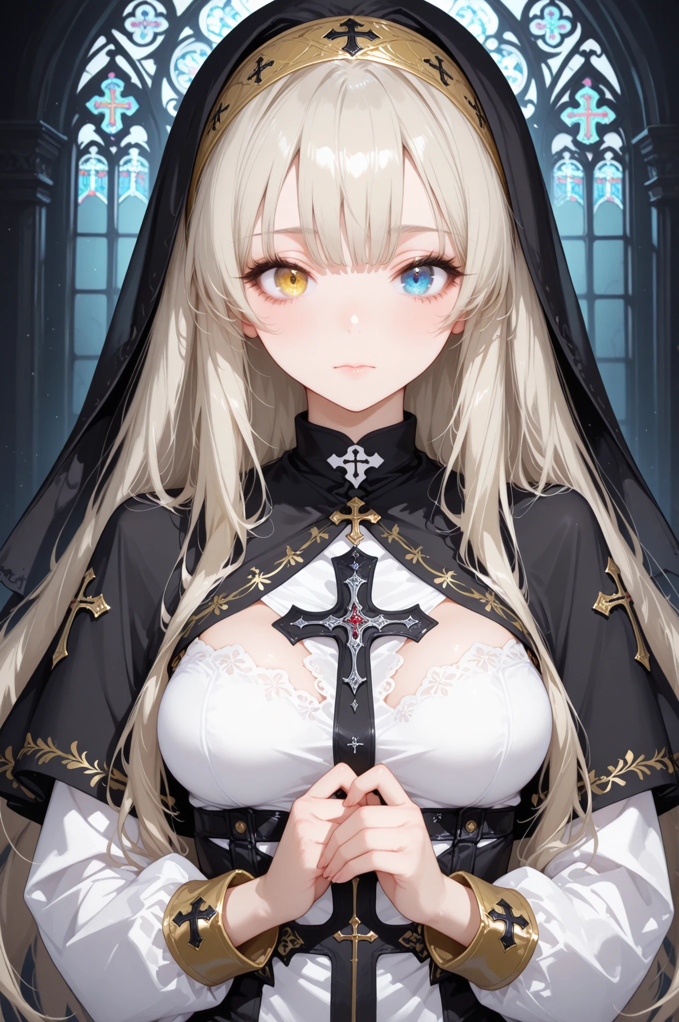 1girl ,black capelet ,black veil ,blonde hair ,blue eyes ,breasts ,capelet ,closed mouth ,cross ,dark ,dress ,eyelashes ,floating hair ,hairband ,hands together in prayer ,heterochromia ,nun ,medium breasts ,long hair ,long sleeves ,sidelocks ,silver hair ,solo ,upper body ,veil ,very long hair ,white dress ,yellow hairband ,yellow trim ,masterpiece, best quality, ultra detailed ,