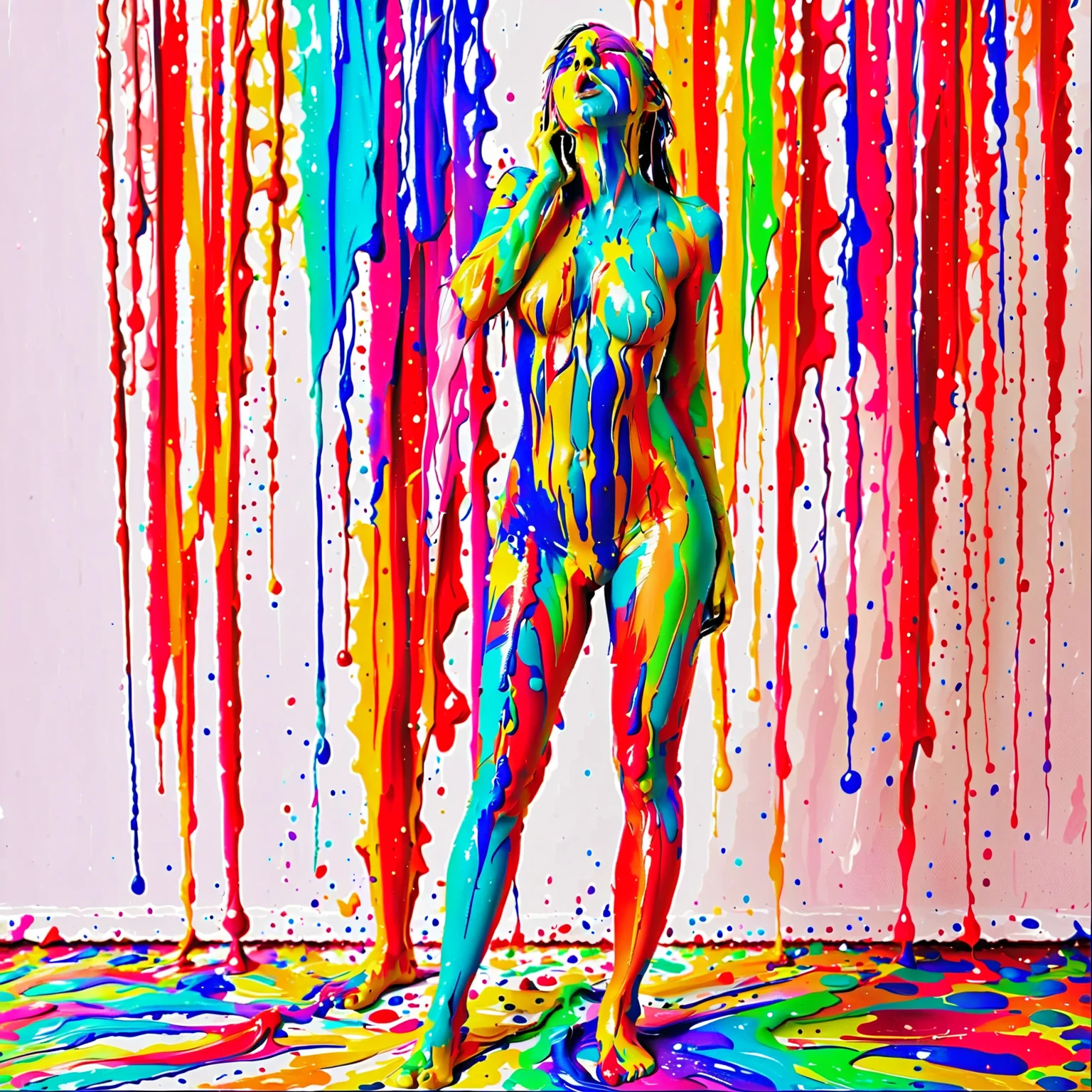 ( Absurd , High quality , ultra detailed, careful with hand ) nude girl on her back, full body view, white canvas sheet, redhead, long straight hair, eyes closedd,, face of ecstacy, covered in vibrant paint streams, raining down on her, living canvas, ultra realistic, photo realistic, hdr, vivid colors, high contrast