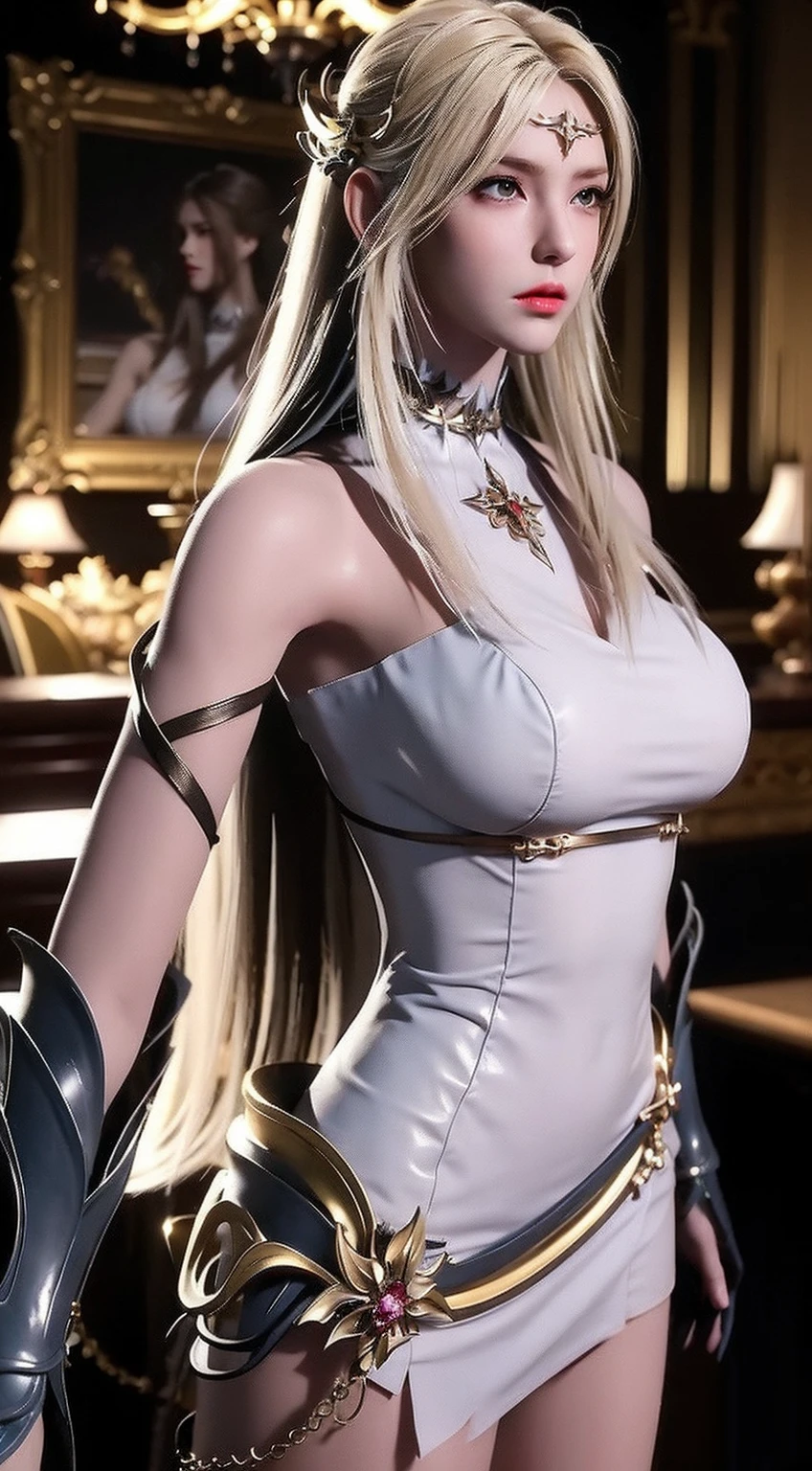 1 girl only, smile, gold necklace with circle pendant ((long blonde hair down to waist, between dates.)), gold Halter Top With Aluminum Chain, ((cleavage is visible.)), medium breasts, thick thighs defined, Butt Lifting Leggings ((black leggings)) low waist, seductive look, sarcastic, shy, blushing, ((light skin))