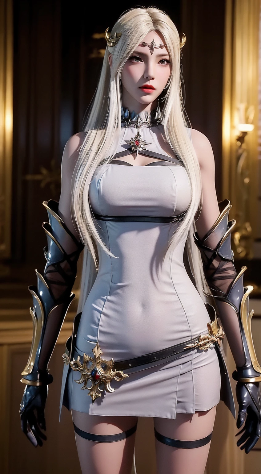 High-definition fantasy portrait, A striking female character with long, straight white hair, wearing a black leather outfit with gold accents. She has a serious, seductive expression, and a gemstone embedded in her forehead ,Horns on her head, intricate gold details on the outfit , Wooden room with detailed textures, subtle lighting, and a cozy atmosphere