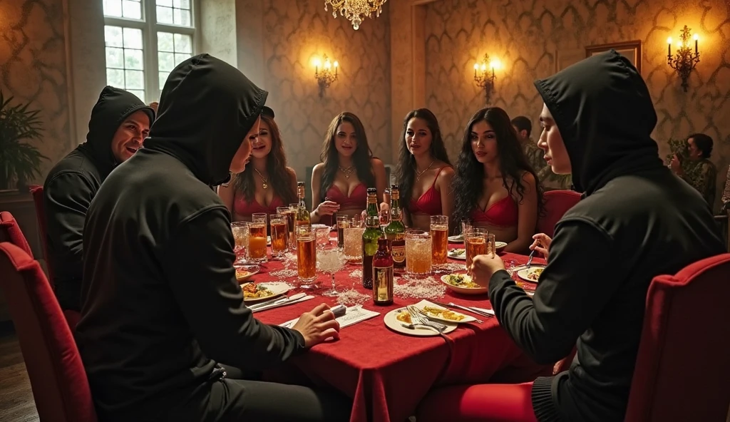 make an image of 6 people interacting at a table: an alpha male, a Sigma male, a dark goth emo, a psychopath with a knife in her hand smiling with a crazy face and with Ananindeuense blood, a psychology student and a seductive pink and black Tramontina non-stick pan