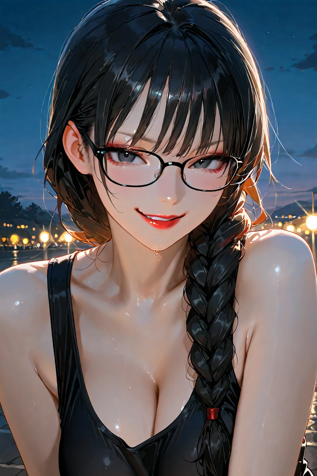 hanekawatsubasa, hanekawa tsubasa,(smile),(with sparkling eyes and a contagious smile),her thin pubic hair　hideed by self, long hair, black hair, hair ornament, (brown eyes:1.1), braid, hairclip, twin braids,cute bikini ,(masterpiece:1.2), best quality, high resolution, unity 8k wallpaper, (illustration:0.8), (beautiful detailed brown eyes:1.2), extremely detailed face, perfect lighting, Rimress Glasses, a warm color palette，rays of sunshine，Light art，(high detal:1.1), Full body, nice thighs, Brown color hair,(big breasts:1.3),Natural skin, minimal clothing, revealing outfit, high quality, (Detailed face and eyes), Eyes of the Upper Eye, Extra, real photograph, sharp fokus, contrasty lighting, Delicate skin, High resolution 8K, insanely details, realisticlying, professional photoshooting, 8K UHD, outdoors, beach, looking at viewer,