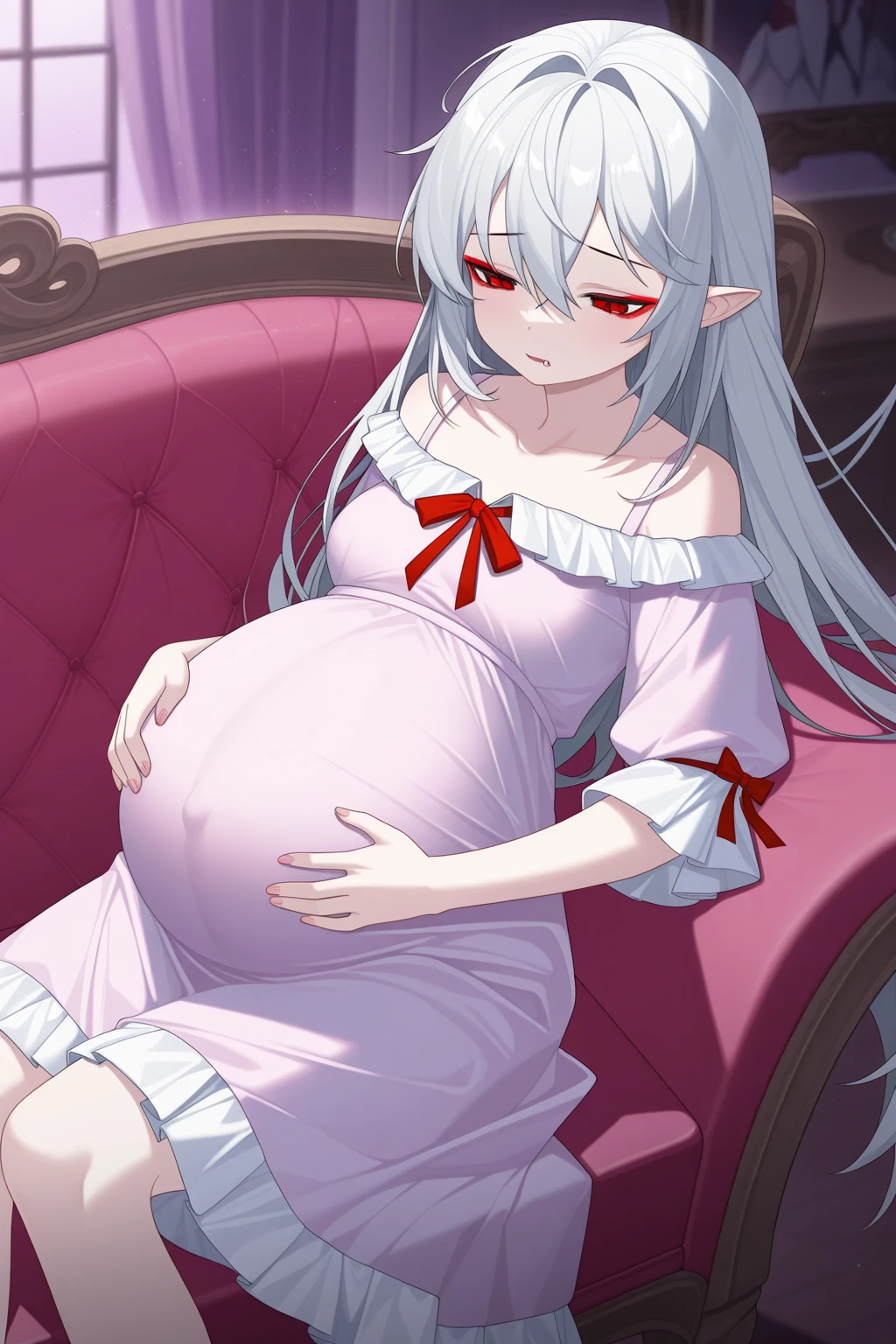 (loli), gothic lolita, white hair, long hair, red eyes, small breast, no expression, off shoulder, head dress, cowboy shot, sitting, bed room, (pregnant),