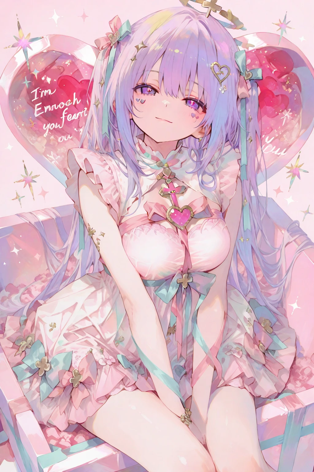 High quality, masterpiece, ultra-detailed, pink frilly dress, headress, bows, 1girl, solo, on bed, many balloons, short hair, enchanting blue eyes, ridiculously large breasts, shiny skin, nipples, knees up, white panties, m legs