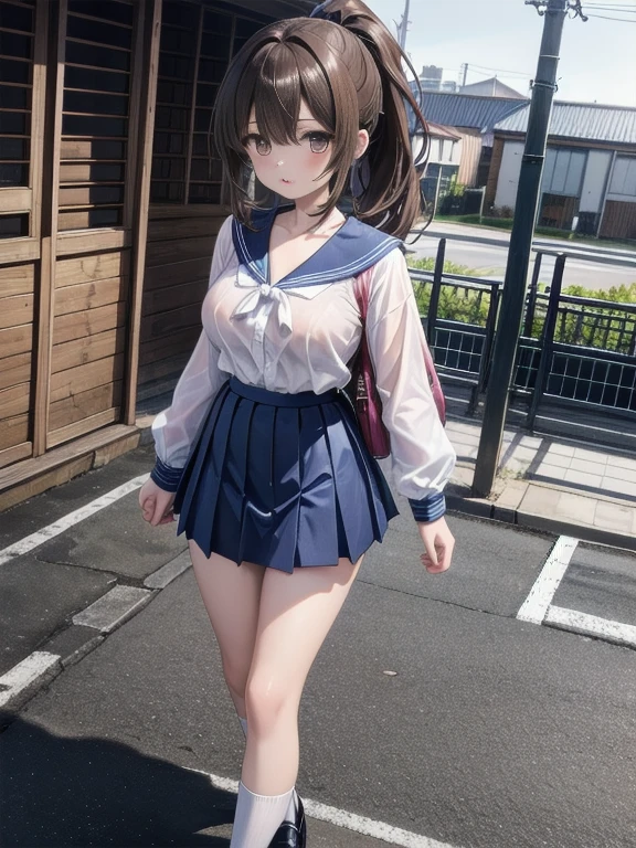 (((masterpiece, Highest quality, High resolution, 超High resolution, Perfect Pixel, Depth of written boundary, 4K, RTTX 10.0))), Beautiful Anime Woman, Beautiful art style, Anime characters, ((Smooth texture, Realistic texture, Anime CG Style)), Exact finger count、Exact number of legs、(Exact number of arms:1.0, Exact number of hands:1.0), (Perfect hands, Perfect Anatomy), Cinematic, Realistic, Extremely detailed CG, Daytime lighting, Perfect lighting, Best Shadow, The best natural light, whole body, Perfect body, Slender body, ((bangs, Dark reddish brown hair, Stylish hairstyle)), (Detailed face, Cute Face), (An adult woman is walking while lifting her skirt with her hands.:1.7), (Fashionable white shirt, Sailor suit, Navy blue sailor collar, Navy blue knee socks, loafers, Navy pleated mini skirt:1.3)、Angle from the front, ((Sexy and cute white underwear:1.3), (Shiny white satin panties, Side-tie panties, White panties with plain white center and large lace decoration on the sides:1.3), (Thin panties with red ribbon:1.3)), (Beautiful big boobs), (The chest area of the shirt is tight:1.2), (Beautiful and thin thighs:1.3), Feeling embarrassed, (blush:1.2), (Very embarrassed look:1.5), (City hustle and bustle, Buildings on the background, Sidewalk, Intersection in the background, Akihabara-like streetscape, Many people dressed in clothes in the background々:1.4)