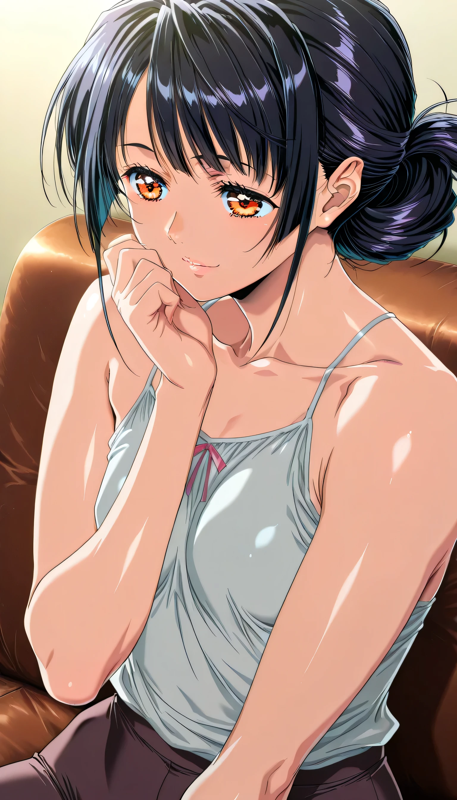 (Yokota Mamoru style),masterpiece, top quality, Newest, high resolution, 1 girl,Staring at the Audience,charming smiles,(portrait :1.4),girl viewed from the side , Vol horizontaltuous women, old, small breasts, Mature Woman, Motherhood, wide waist , score_9, score_8_ horizontal, score_7_ horizontal, score_6_ horizontal, Source_anime, beautiful face, expressive eyes, detailed eyes panty pants pantyhose , Alone, close- horizontal, sitting , Put your hands on the couch, indoor, Scenery, Dramatic Lighting, anime screencap, charming smiles