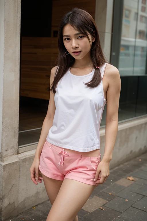 (in 8K、Raw photography、 Highest Quality、 realisitic、Photorealsitic、Professional Lighting、masterpiece、extremely delicate and beautiful、Highly detailed、finely detail、ultra-detailliert、hight resolution、Textured skin、full-shot)、1womanl、Solo、beautiful model、panties aside、Wet white panties、Beautiful face:2、Cameltoe、Bare legs、makeup、lip stick、eye line、mascara、eyeshadows、Brown hair、Gold wavy hair、Hair over one eye、slender、tall、Tank tops、a miniskirt、high-heels、(natta:1.5)、Sidewalks in Shibuya in Japan、From below、天空