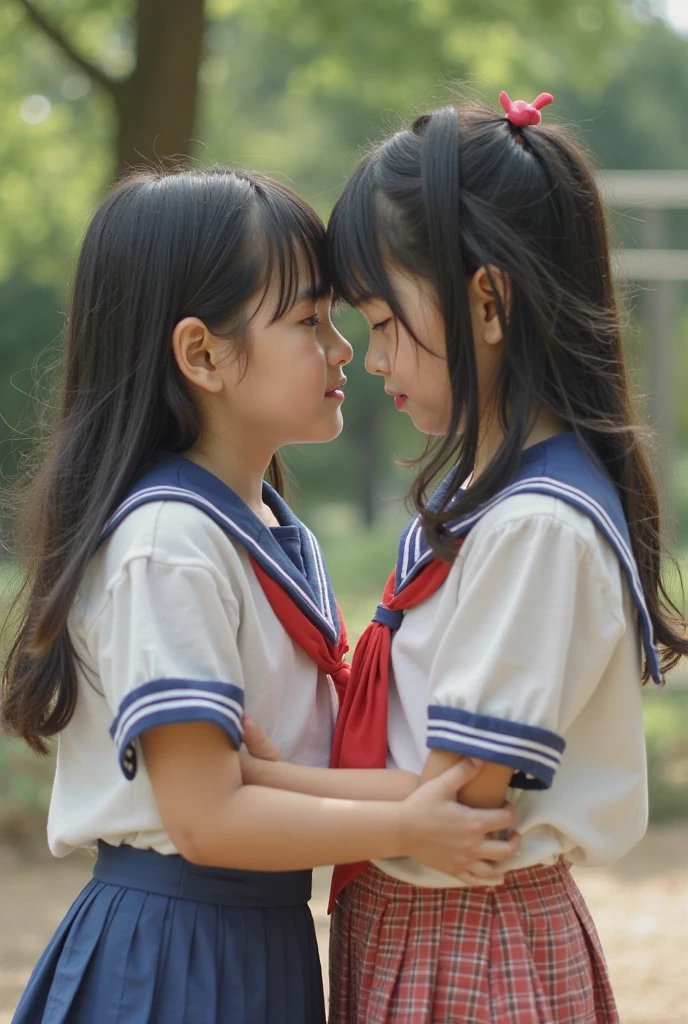 Two Japanese elementary school girls in short sleeves and shorts are kissing with their eyes closed