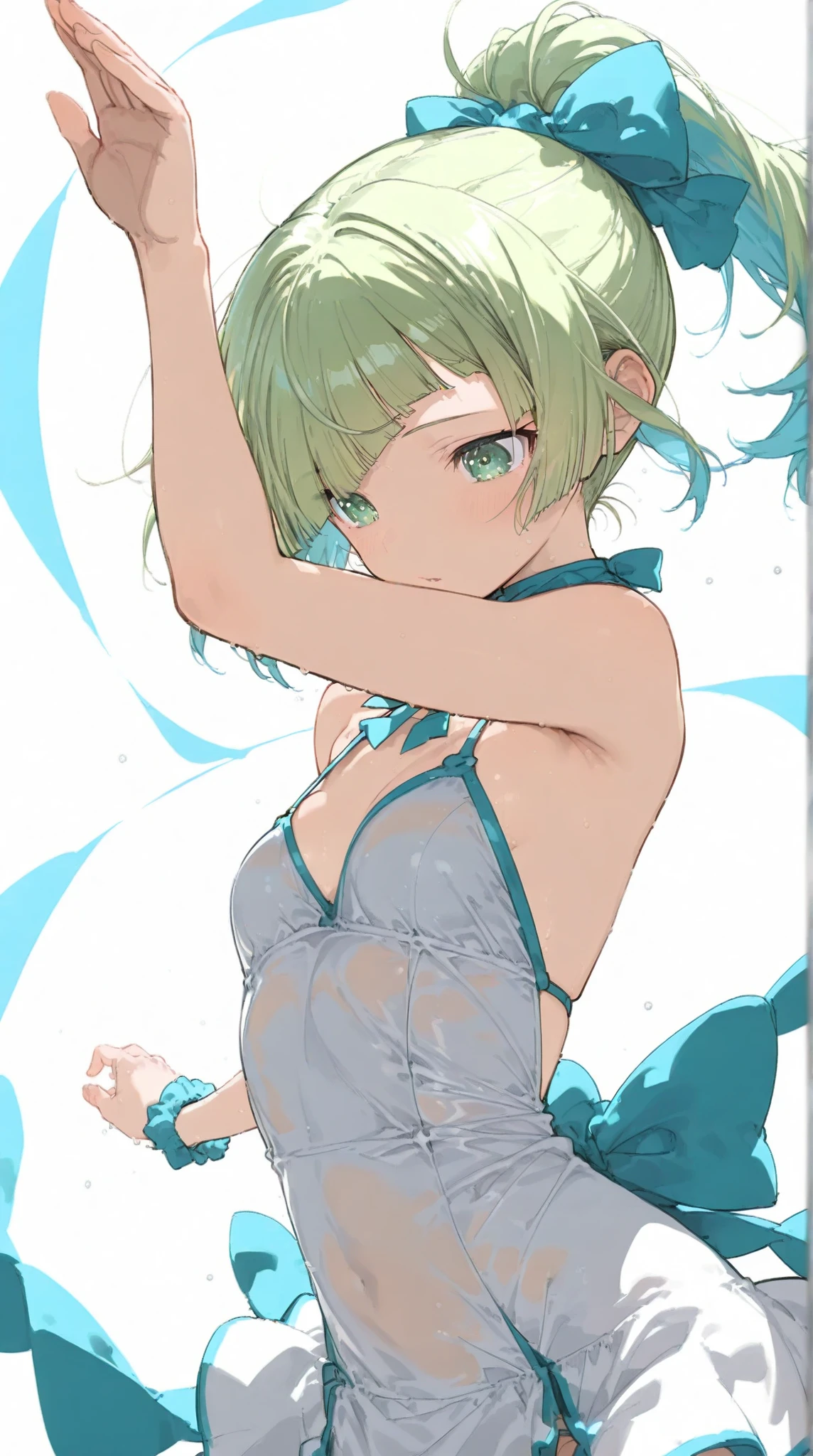 1 girl, cute, young, green hair, bob haircut, green eyes, swimsuit, thigh high,