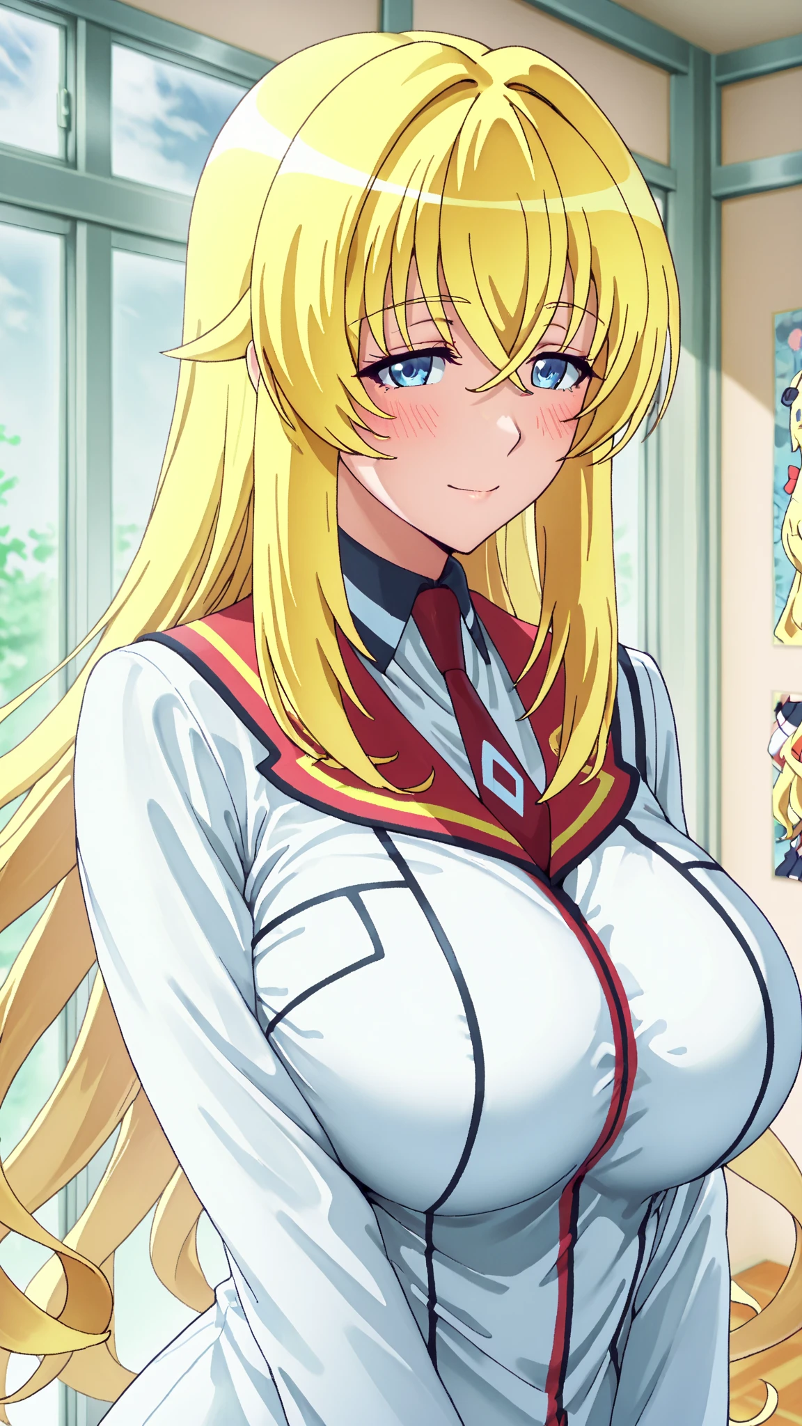 Sitting at chair, red and white uniform, bare shoulders, necktie, sleeveless shirt, classroom background, yurishia farandole, takeda hiromitsu style, anime cels style, best quality, high resolution, (huge breasts:1.3), cowboy shot, blush, smiling, blonde hair, blue eyes, hair between eyes, long hair,bangs, looking at viewer