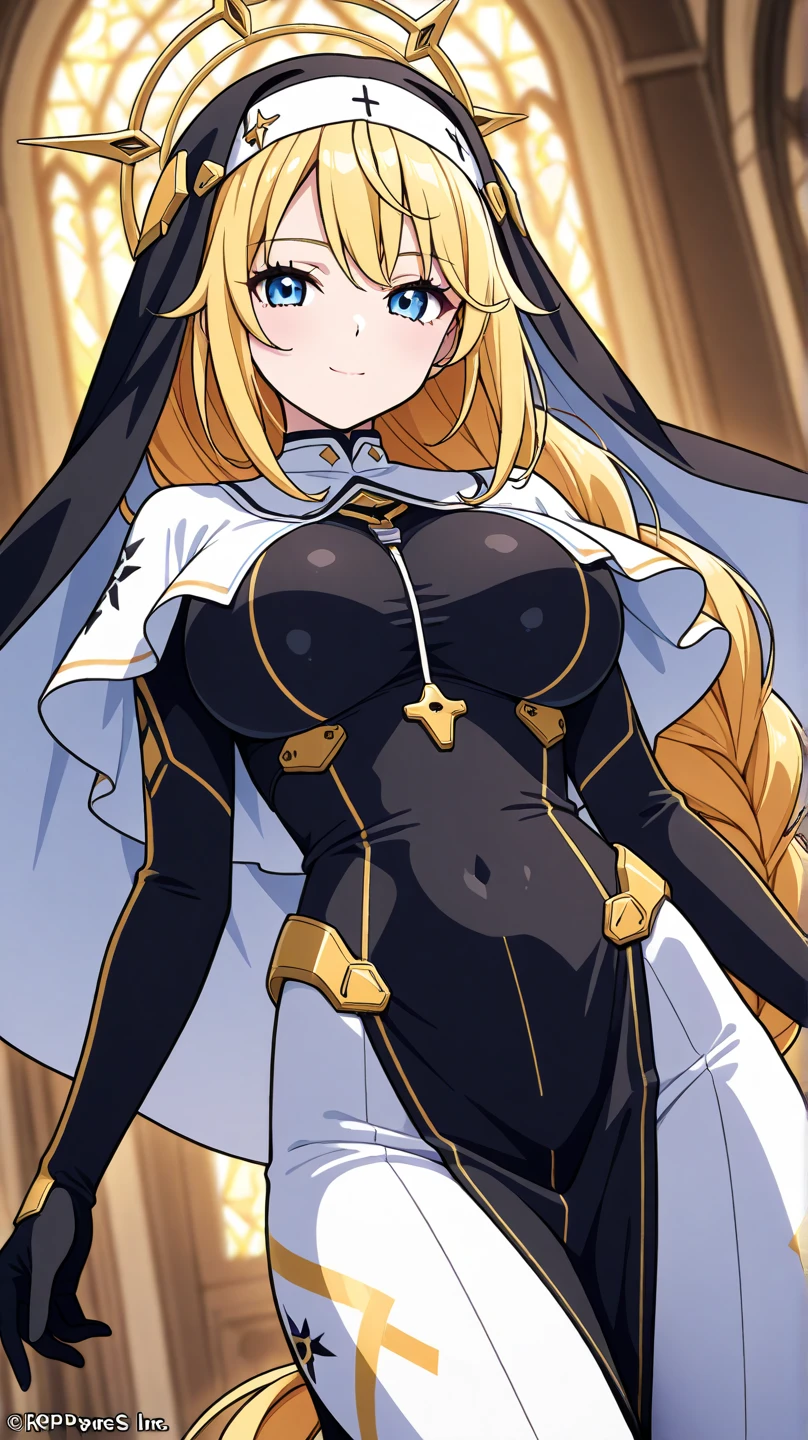 mythra, 1girl, solo, long_hair, breasts, looking_at_viewer, smile, bangs, blonde_hair, large_breasts, yellow_eyes, red_bodysuit, black_bodysuit, latex, cellar, dark, smirk, hand_on_own_hip, hanging_breasts, from_below, (leaning_forward:1.2)
