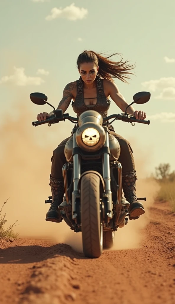 “Create an HD Ultra Realistic 8K image of Young Attractive Asian Woman Sophie Tan as a sexy action woman inspired by a Grand Theft Auto biker chick. She is wearing a distressed black lace  set with a leather vest and boots, standing next to a sleek motorcycle in a dusty desert road. The scene captures the rugged and rebellious atmosphere of a GTA biker gang. Use a cinematic camera with a 35mm lens to capture the intricate lace details and the gritty setting (1.3). The desert road background should be softly blurred, with bokeh effects enhancing Sophie’s fierce presence (1.2). Post-production should enhance the shadows and add a slight dust effect to create a raw, rebellious look (1.4).”
