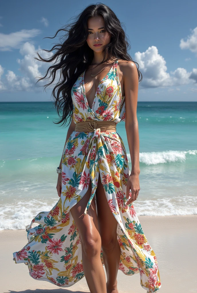 [[((young attractive Mexican woman:1.5)), ((Martina Sánchez:1.4)), standing on a picturesque beach in Mexico, with her body angled towards the camera. She is wearing ((a vibrant summer dress with bright colors and patterns:1.3)), complementing the tropical setting. Her hair is styled in loose, sun-kissed waves, and she has a confident, radiant smile. The background features crystal-clear water, palm trees, and a clear blue sky. The scene is captured with a ((digital SLR:1.3)) using a ((24-70mm zoom lens:1.3)) for versatility in framing. Post-production focuses on enhancing the natural colors and adding a ((soft bokeh effect:1.2)) to the background. The image should be in ((8K resolution:1.2)) with ((hyper-realistic detail:1.4)). The backdrop highlights the beautiful beach setting with detailed textures of the sand and palm trees. The focus is on Martina's vibrant dress and confident smile, embodying the essence of a stylish and adventurous travel influencer.]]
