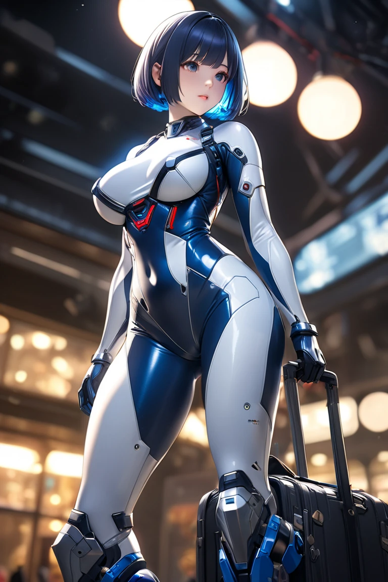 (Masterpiece, Best Quality, Best Resolution, distinct_image, Very Elaborate CG, Cinematic Lighting, Ray Tracing, Drop Shadows, Detailed Detail, (Photorealistic: 1.4), High Quality Textures, Fine-grained, Realistic Face Expression): (Single Girl, Face Japan Person, Blue Haired Girl, Short Cut, Lying, Small Size Breasts, Detailed Gundam cockpit with sparkly blue colored eyes, eye-level shots, metallic white and blue colored flight suits, tight-fitting clothes, full-body covering clothes, light smile, beauty, slim body, exoskeleton, heroine, headset, knee boots, gloves, solo ride)