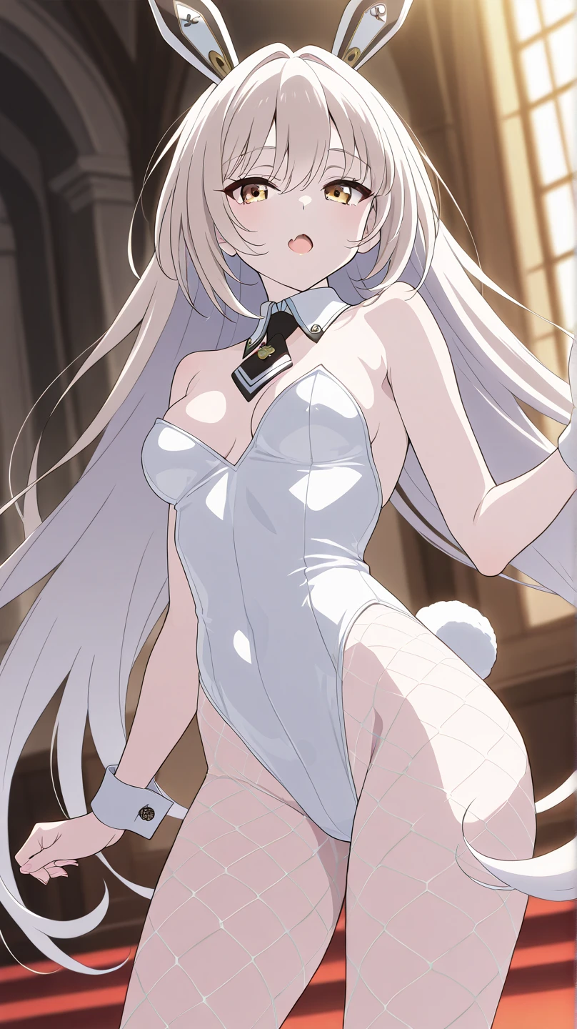 prison, ((from below)), ((full body)), foot focus, white high heels focus, femdom, dominatrix, ((looking at viewer)), ((female squatting)), ((female open legs)), evil grin, bare shoulders, white bustier, white stockings, white g-string, white high heels, White garter belt, white elbow gloves, 独奏, 
 One girl,  Long Hair, Purple eyes,  chest,   Ahoge,   very Long Hair,   large breasts, ribbon,  hair ribbon, ponytail,  bangs, 
