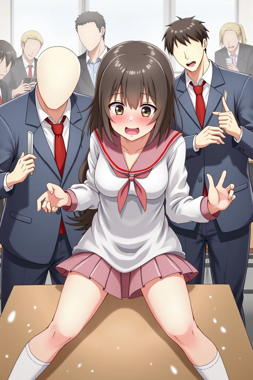 1woman, pov, ((pussy juice)), sitting,chair, nude, spread legs, (dildo in pussy:1.3), (noose:1.7),( shibari:1.7),(Crotch noose:1.6), pussy,medium breasts, solo focus, bangs, black eyes, (((sweat))), (wet hair:0.3), RAW photo, best quality, masterpiece, realistic, classroom,short poneyTail、(slim figure:1.2)、(Smaller chest:1.4)、Beautiful crotch、japanese girl,18 years old,high school student,fullbody,,(restrained:1.7),(arms behind back:1.0),high school,(2boy:1.7),(1man:1.7),student,teacher,desk,Chair,orgasm,sailor suit,high ,(full-face blush:1.5),(smile:1.0),anguish,(public indecency:1.6),(cry:1.7), (naked:1.5),(the man is naked:1.5),many students,(fullbody:1.2),(man touches woman's crotch:1.5),(raise your knees:1.6),(dildo in pussy:1.5),(man is smile:1.5),
