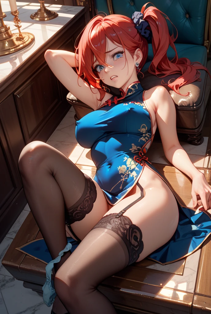 absurd res, high res, (masterpiece:1.4), ultra-detailed, 1girl, from above, space, floating, Chinese dress, red dress, stockings, red hair, blue eyes