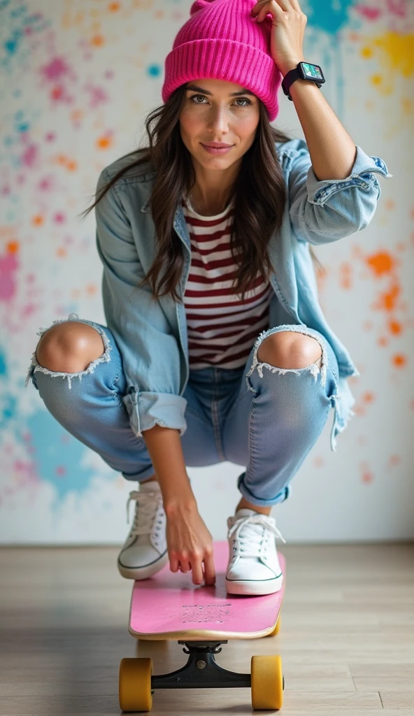 RAW photo, best quality, masterpiece, photorealistic, Polish girl, ((Light blue ASICS sneakers)), 20 years old, black hair, Light grey eyes, short bob cut, hair in 7 thirds, hair over one ear, Symmetrical eyes, pale skin, Big Breasts, rip gloss, Wearing light blue ASICS sneakers, full body, photographed in front of a colorful stylish exterior wall, smiling, cowboyshot, sunny, outdoors, detailed background shot, model-like pose, summer, sunlight, shadow, stylish outfit, pale skin