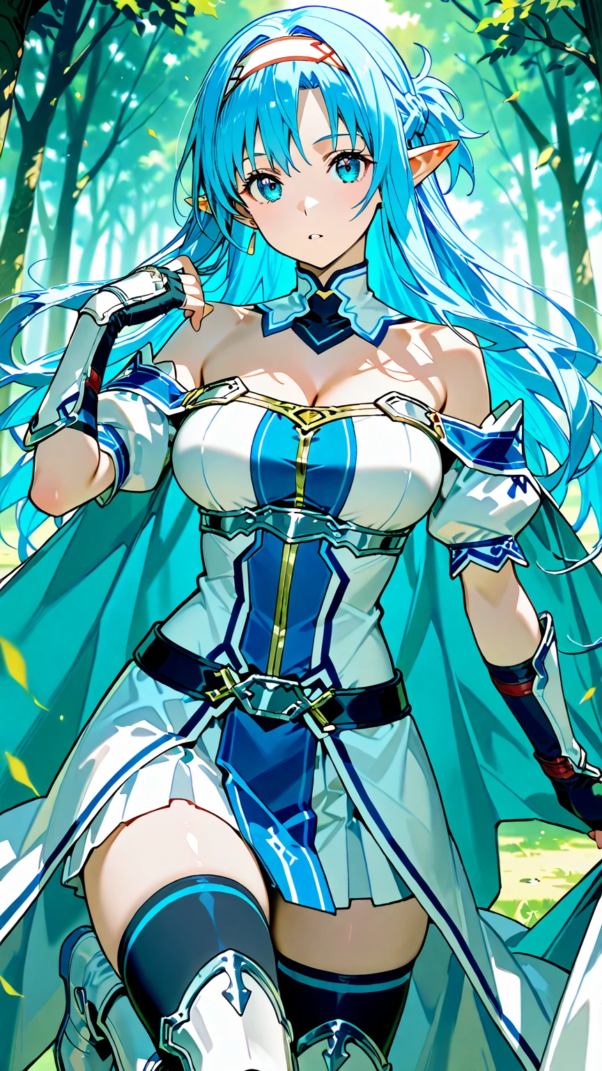 a beautiful girl with long soft blue hair, porcelain white skin, fine and delicate features like a doll and aqua green eyes
She has a very detonating body, large breasts, small waist, large and squeezable thighs, and long, thin, milky-colored legs.
