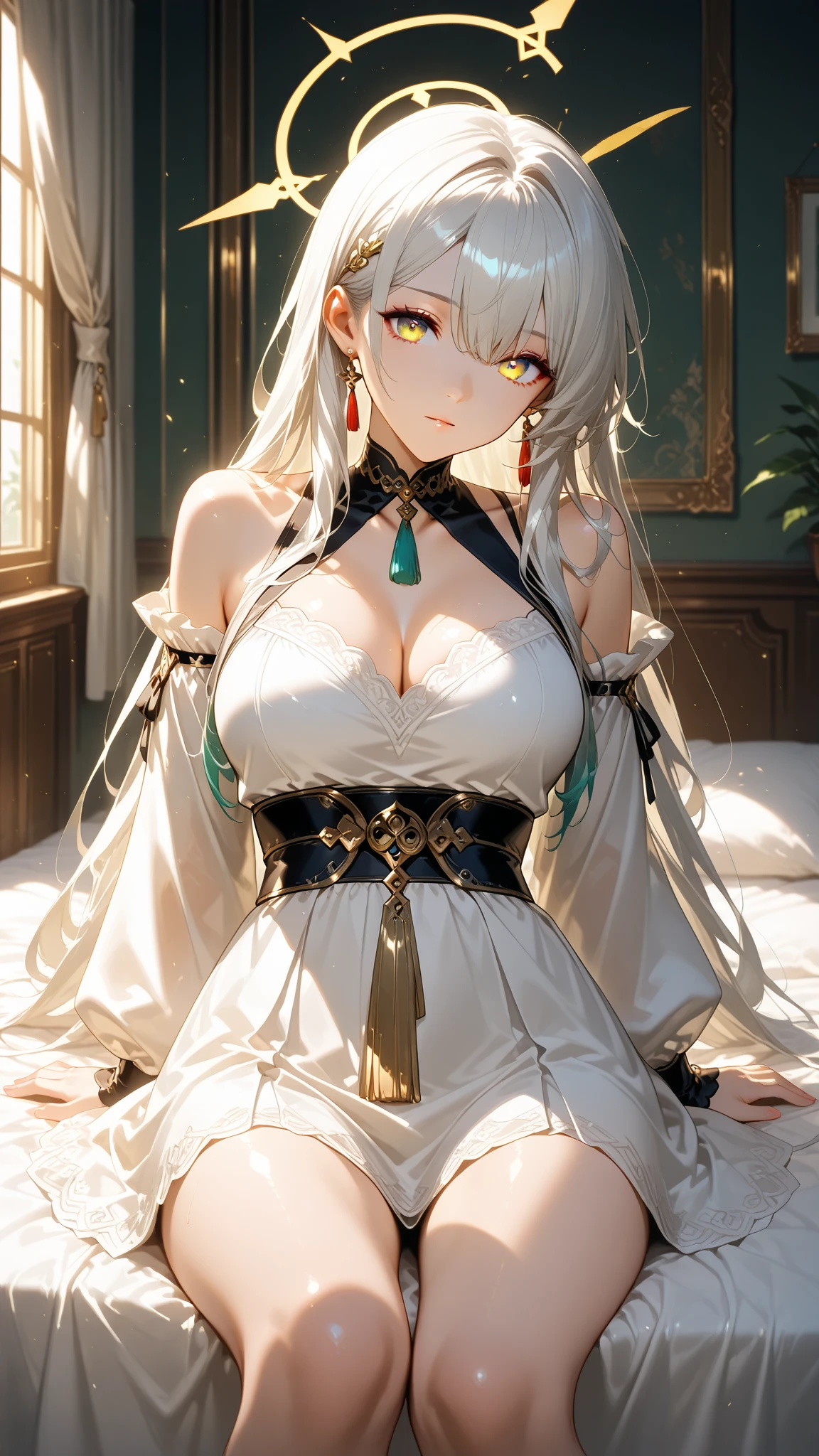 with brown skin,long white hair(tmasterpiece,:1.2,best qualityer),(1lady,独奏,The upper part of the body:1.2)Brown skin clothing:brassier,Underwear accessories:Hairpins Hair:Long white hair makeup:naturey,Glowing skin,Brown skin behavior:unwind,carefree,Lie down in bed,Smile Location:onbed,long white hair,extremely giant breasts,Brownish-yellow eyes,with brown skin(((Thoracic beak)))(NSFW)((Super large chest))