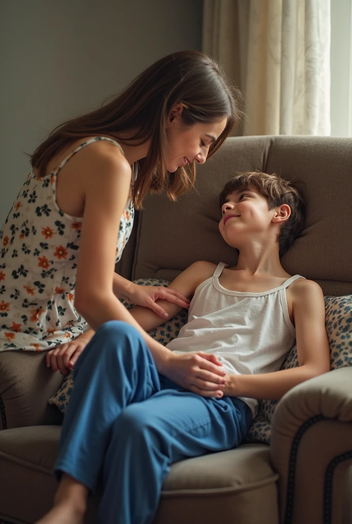 adult woman with young boy, sitting on sofa, talking to each other