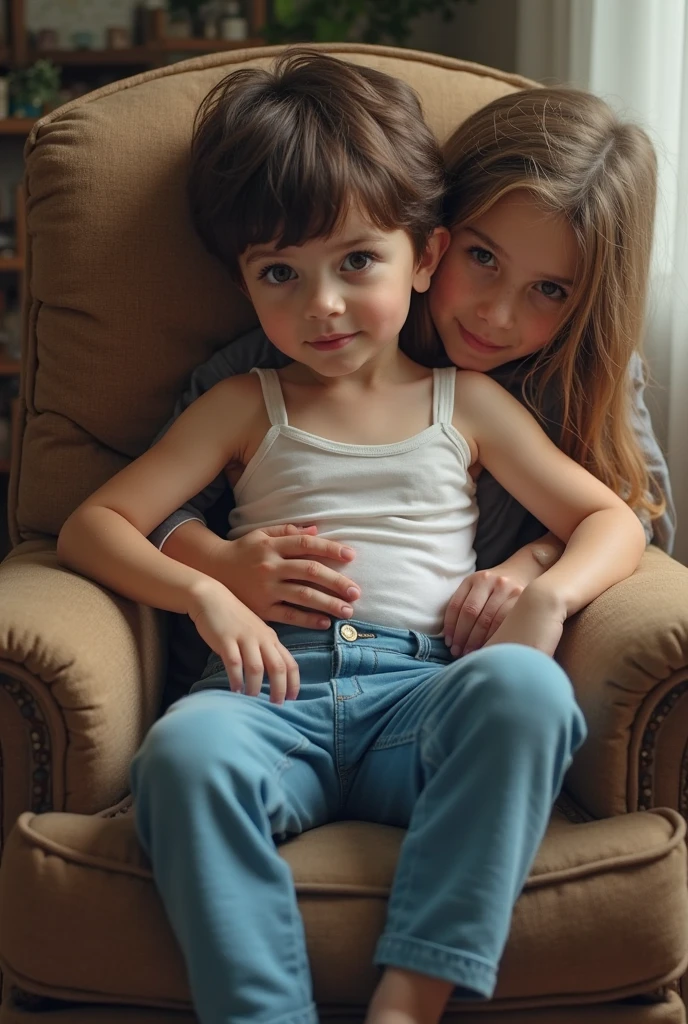 adult woman with young boy, sitting on sofa, talking to each other
