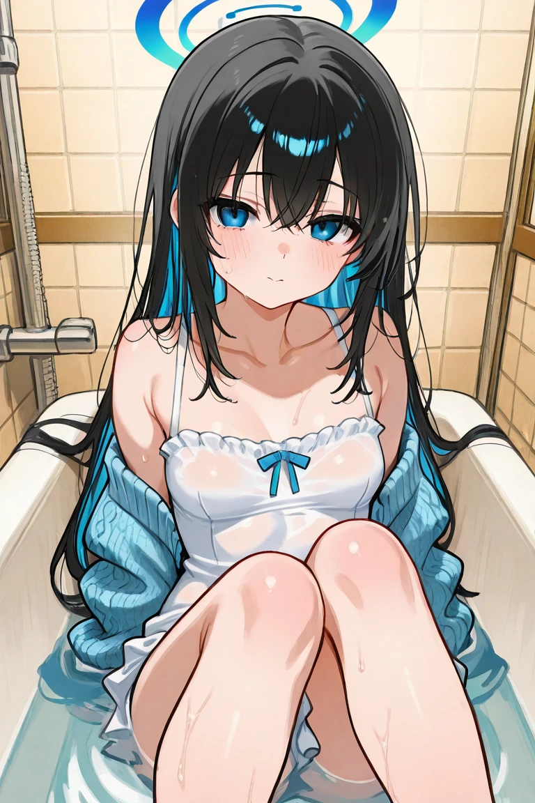 (((masterpiece, Highest quality:1.5,absurdres))),nsfw,ass pov,having sex:1.3,missionary,25 year old beautiful slave,solo,((very small head:1.3)),long hair,bangs,(dark blue hair),dark blue eyes,gorgeous eyes,tears,sad,medium breasts,((very long body:1.3)),((toned body,slender body)),skinny,((tan skin:1.5)),gleaming skin,shiny skin,sweat:1.3,White sneakers、creampie,bukkake,naked,nipples,navel、vagina、vaginal penis,Black leather collar with chain、handcuffs、sitting,spread legs:1.3,subway、Station platform、(4 Naked Horny Beauties)、New York City、