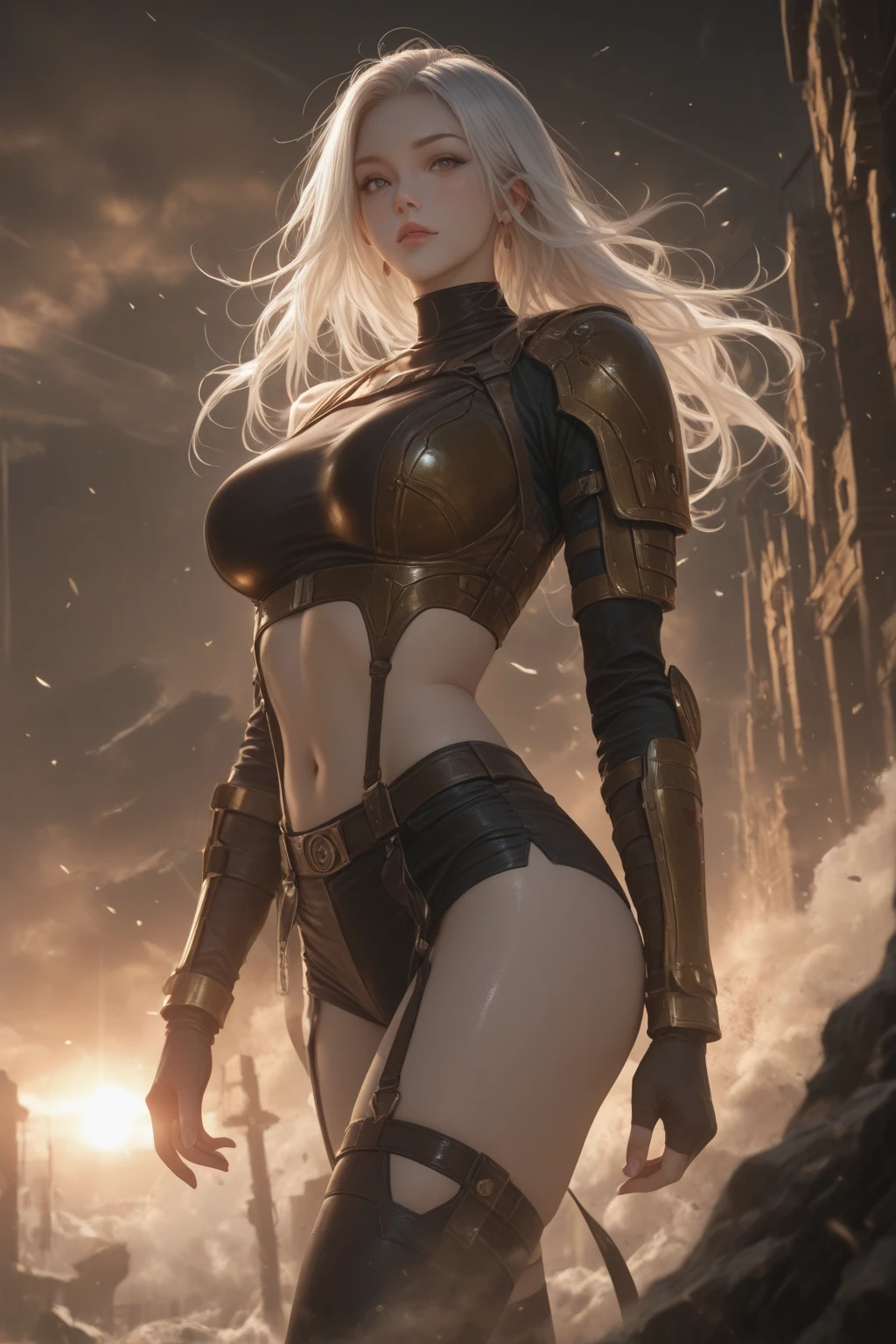 Sonya blade, from mortal Kombat,in black golden armor , massive perfect breast, lightning, background, mortal Kombat dragon,