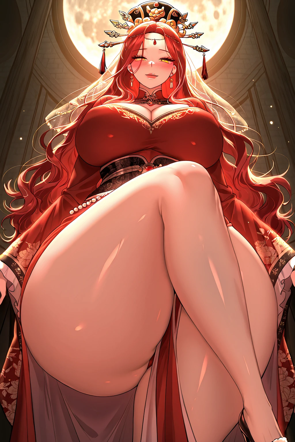masterpiece , Highest quality , alone ,, Thick thighs , Huge hips , Long Chinese Dress　smile　garter belt