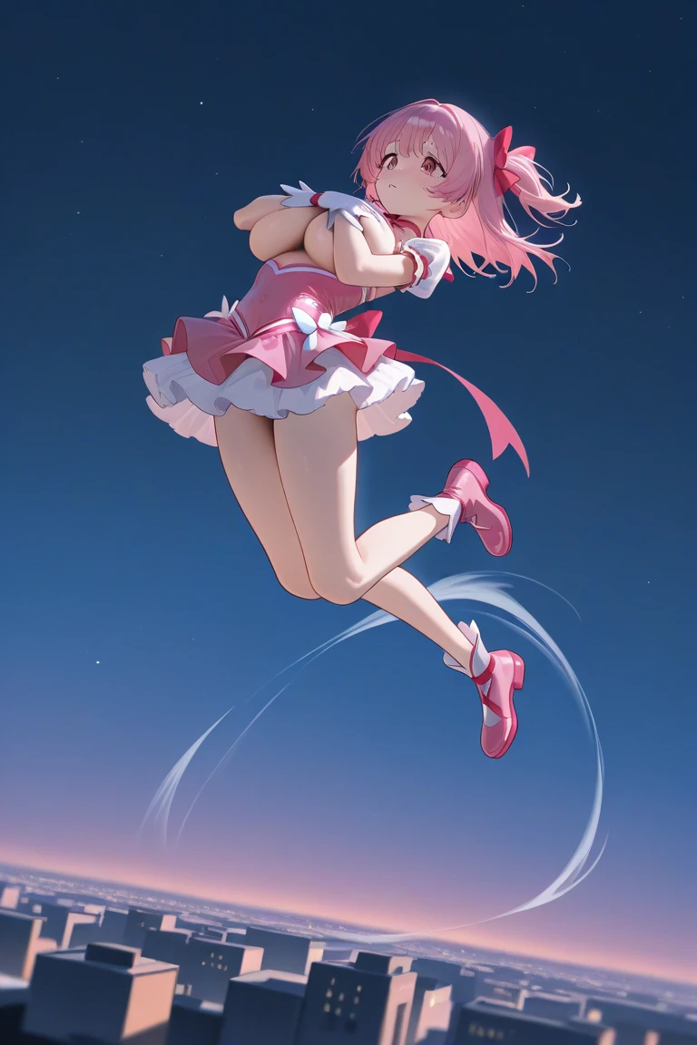 giantess art, highly detailed giantess shots, giantess, Two legs, Five fingers, short hair, A beautiful girl who is bigger than a skyscraper, Wearing rimless glasses, smile, huge breasts, pink and white dress, bow, magical girl, holding a magical wand, black pantyhose, pink stiletto heels, thunderbolt from a magical wand, Destroying cities, A very small big city, Miniature metropolis, Full body description, GTS, giga giantess, stomping city, crash city, tiny city, micro city, pantyhose feet, High resolution, highest quality, masterpiece, peeing self,