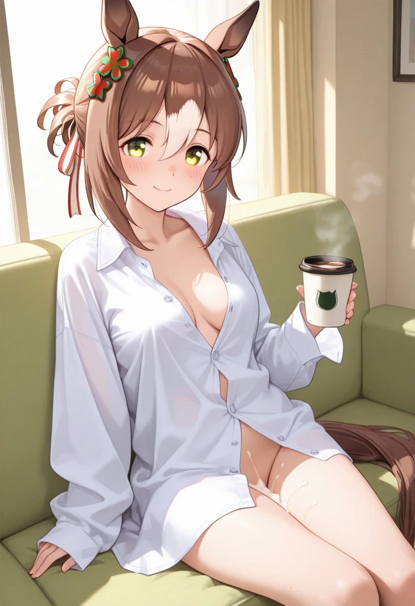 ((masterpiece)), ((best quality)), (ultra-detailed), ((cinematic light)), ((extremely detailed)), (8K), girl in a bikini with a cup of coffee, seductive, 1girl, solo, 24 years old, long brown hair, bangs, brown eyes, (smile), blush, (white lingerie), huge breasts, cleavage, navel, open green jacket, holding a cup of coffee, kitchen, detailed background

