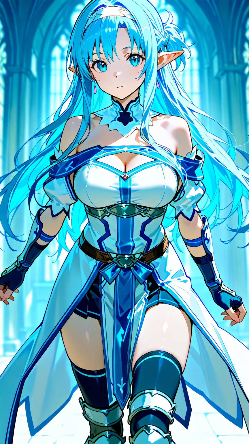 Digital art, Asuna, Sword Art Online, anime girl, long blue hair, elegant expression, white and blue armor, sword, large breasts, toned arms, athletic build, smooth skin, shapely legs, muscular calves, delicate feet, intricate details, dynamic pose, soft lighting, warm colors, subtle shading, 4k, high resolution, ultra high resolution, intricate detail, detailed texture, sensual atmosphere, alluring gaze, solo character, single figure