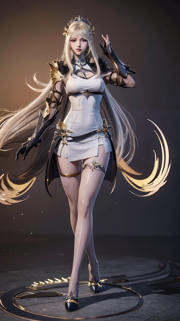 best quality, masterpiece,white hair, gold eyes,white clothes, (black stockings), looking up, full long body, hair strand,Fair skin,side braids